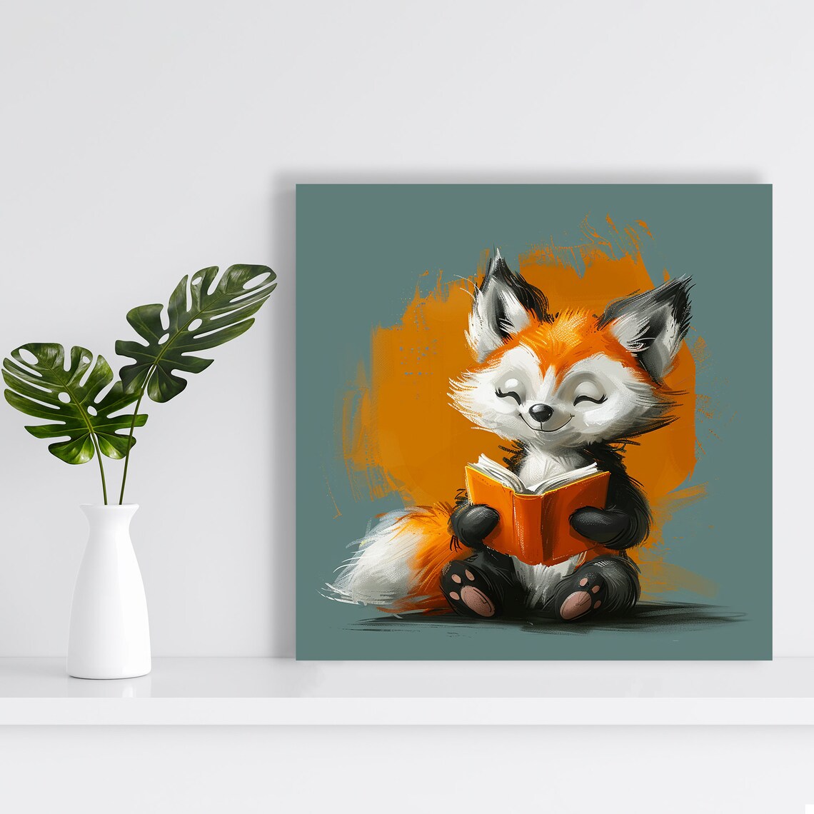Baby Fox Reading Orange Book Cute Whimsical Kids Nursery Wall Poster - Image 2