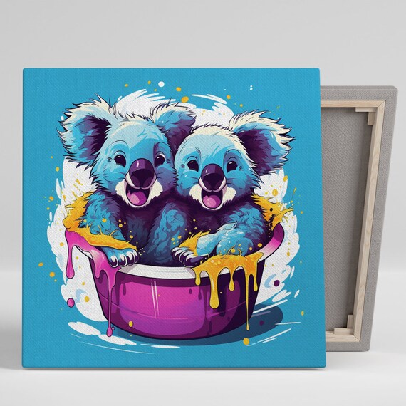 Two Playful Blue Koalas in Paint Bowl Splashing Pop Art Poster