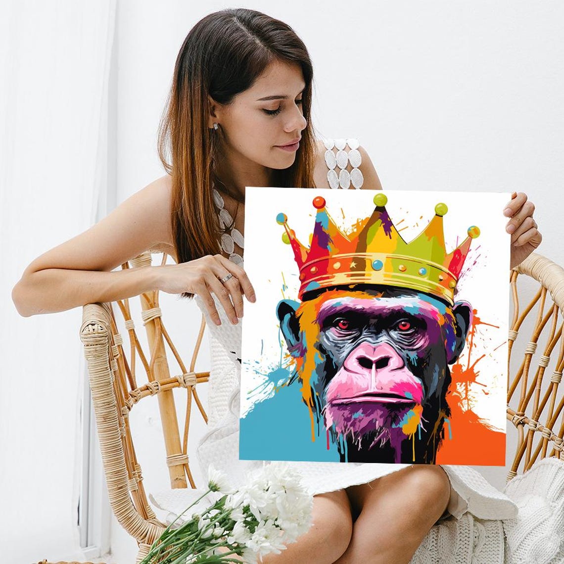Regal Chimpanzee With Colorful Splash Crown Pop Art Portrait Poster - Image 3