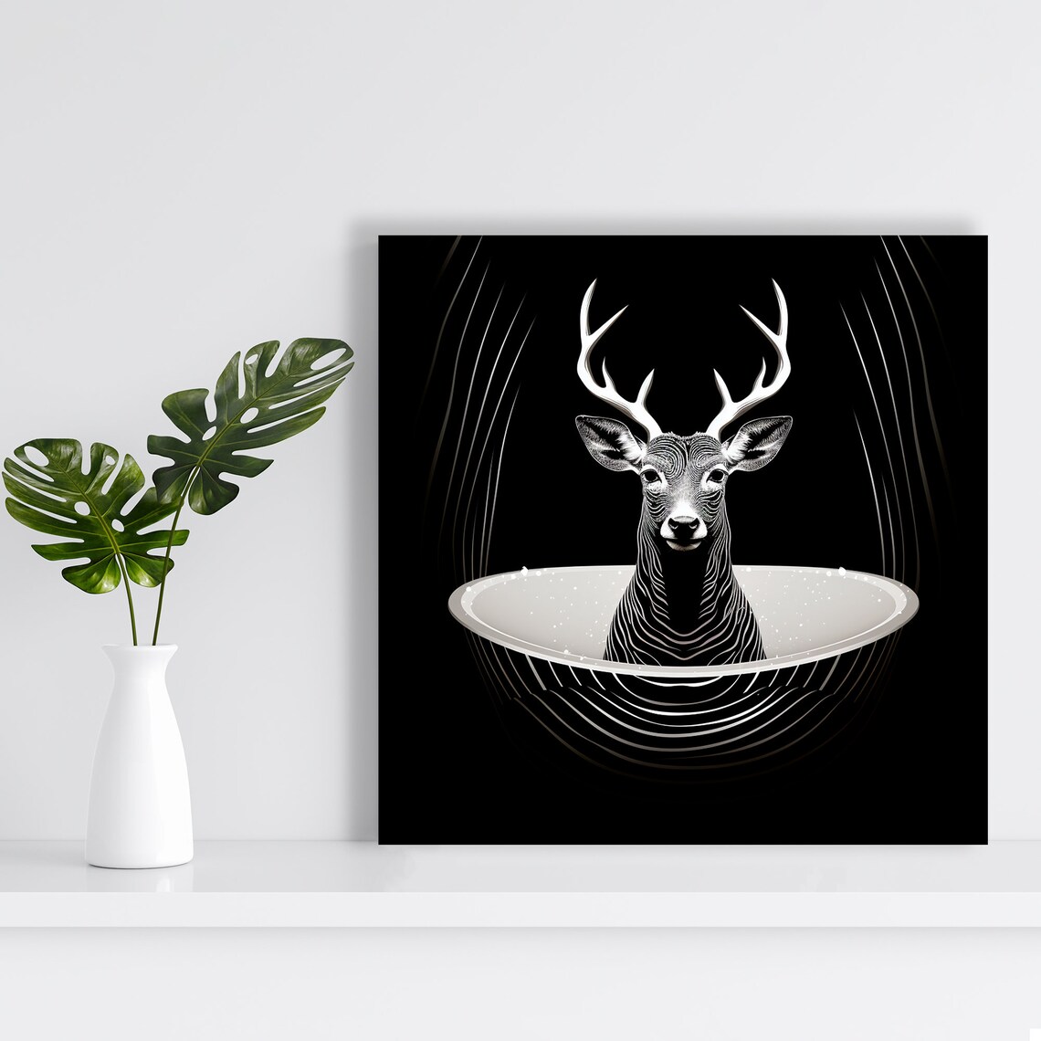 Black White Line Art Stag Antlers Glowing Halo Elegant Minimalist Poster - Image 2