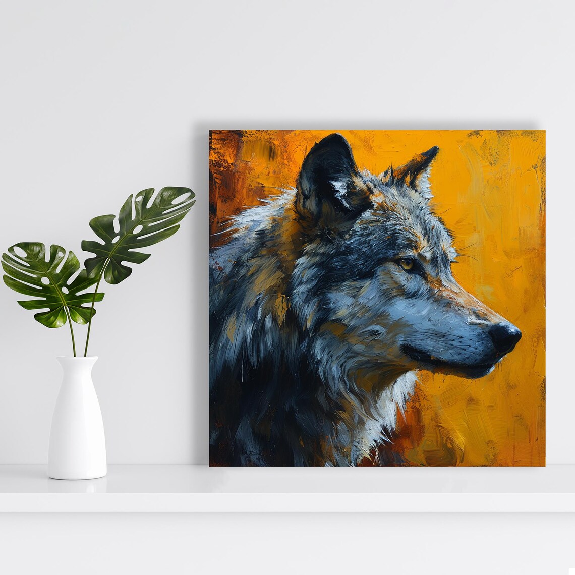 Wild Wolf Profile Oil Painting Golden Yellow Background Art Poster - Image 2