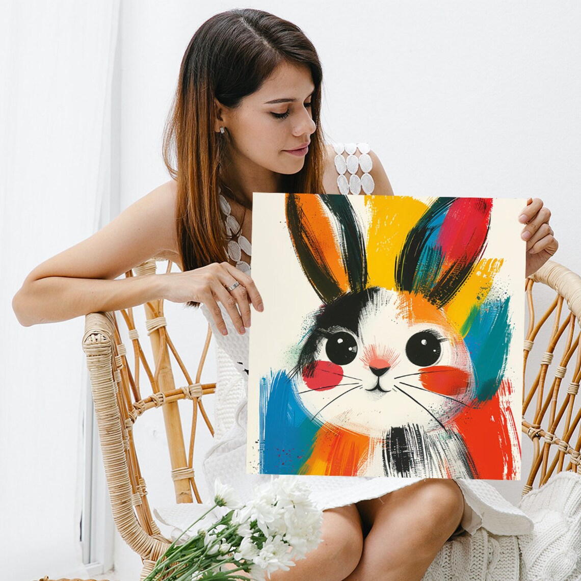 Whimsical Colorful Bunny Face Big Eyes Nursery Animal Art Poster - Image 3