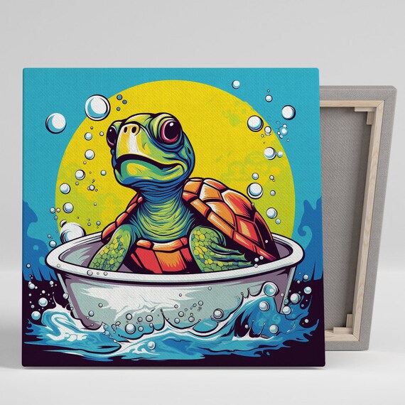 Bubble Bath Turtle Adventure Art Or Poster Pop Art Whimsical Decor Bathroom Children Nursery Office Art Green Yellow Blue Orange