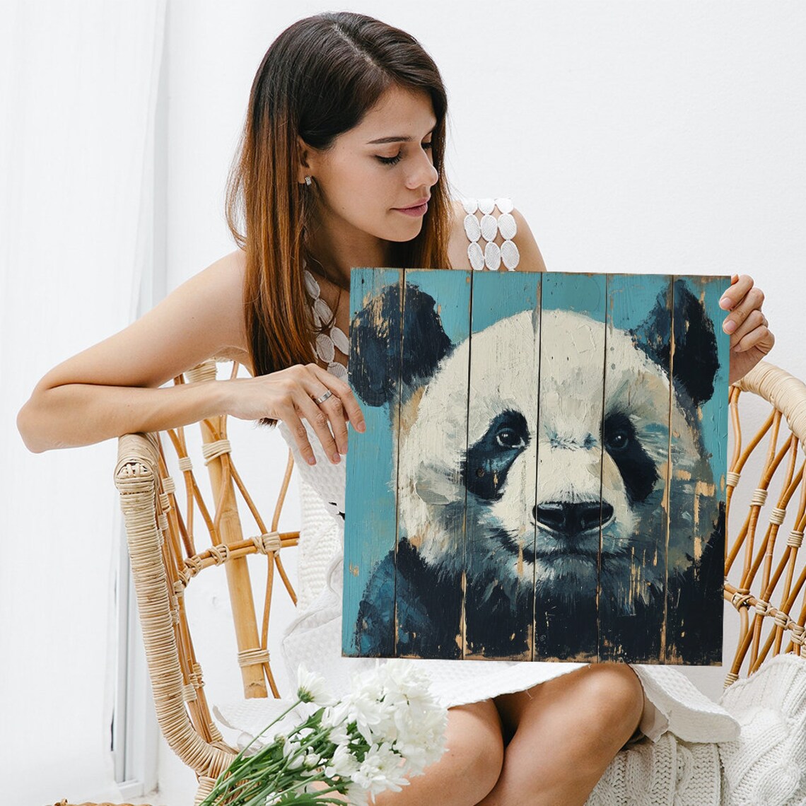 Panda Portrait On Distressed Teal Wood Planks Poster Rustic Farmhouse Print - Image 3