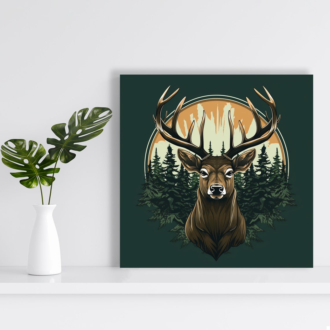 Deer Stag Antlers Pine Forest Sunset Vintage Rustic Cabin Wall Poster - Image 2