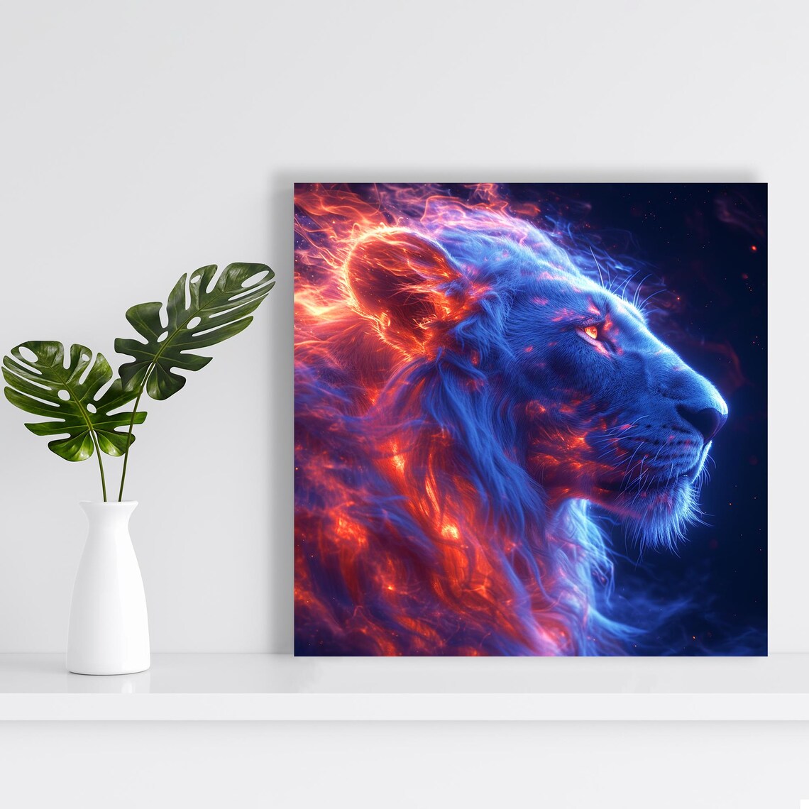 Cosmic Lion Blue Flames Nebula Portrait Fiery Eyes Surreal Wall Art Poster - Image 2