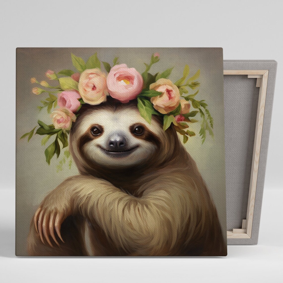 Smiling Sloth Pink Flower Crown Sweet Nursery Animal Wall Art