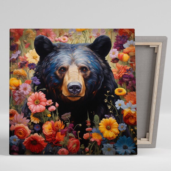 Black Bear Among Colorful Wildflowers Blooming Garden Nature Art Poster