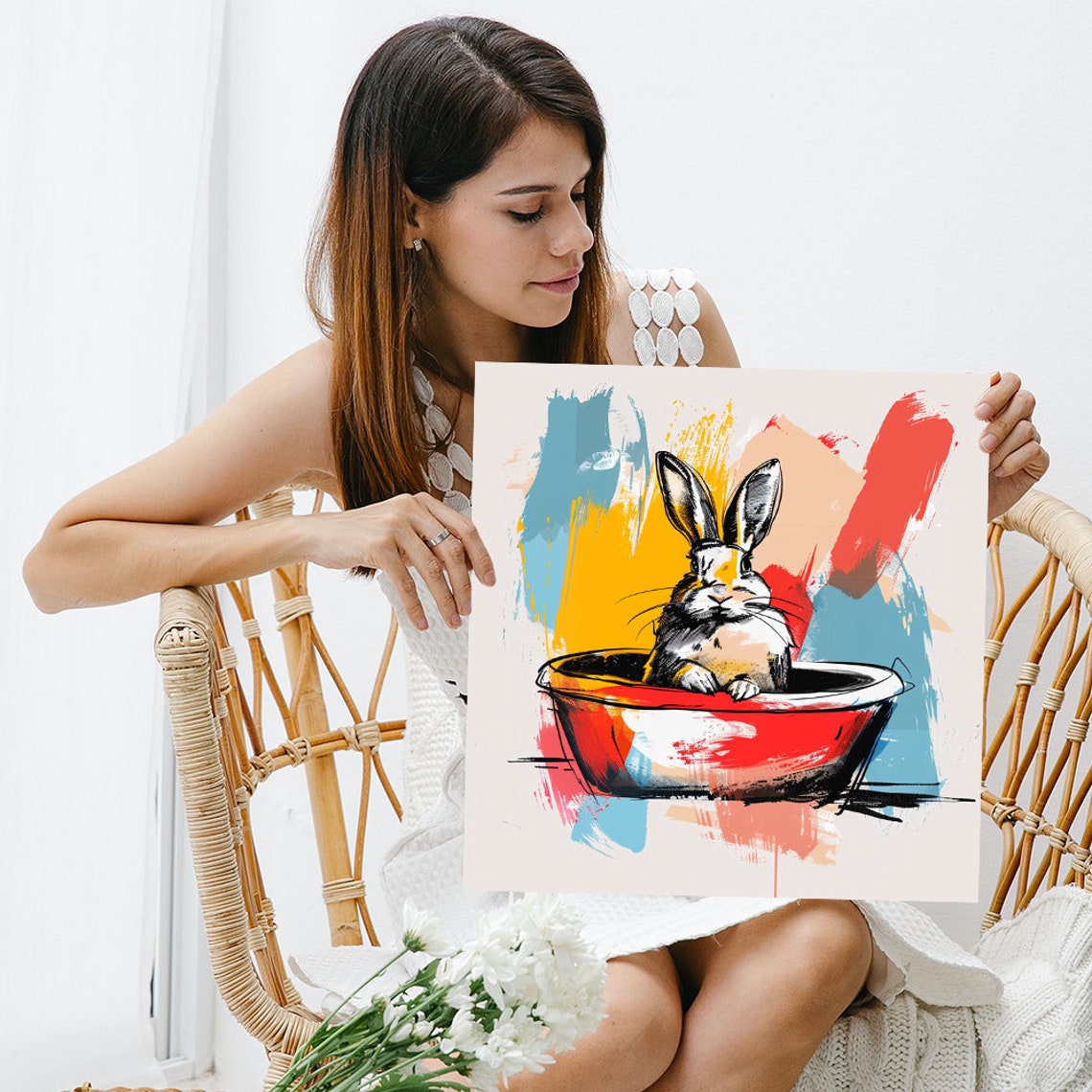Bunny Bath Time Poster Red Basin Pop Art Whimsical Rabbit Decor - Image 3