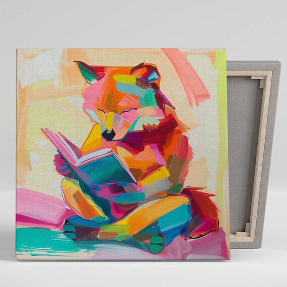 Abstract Fox Reading Book Fauvist Rainbow Brushstroke Wall Poster