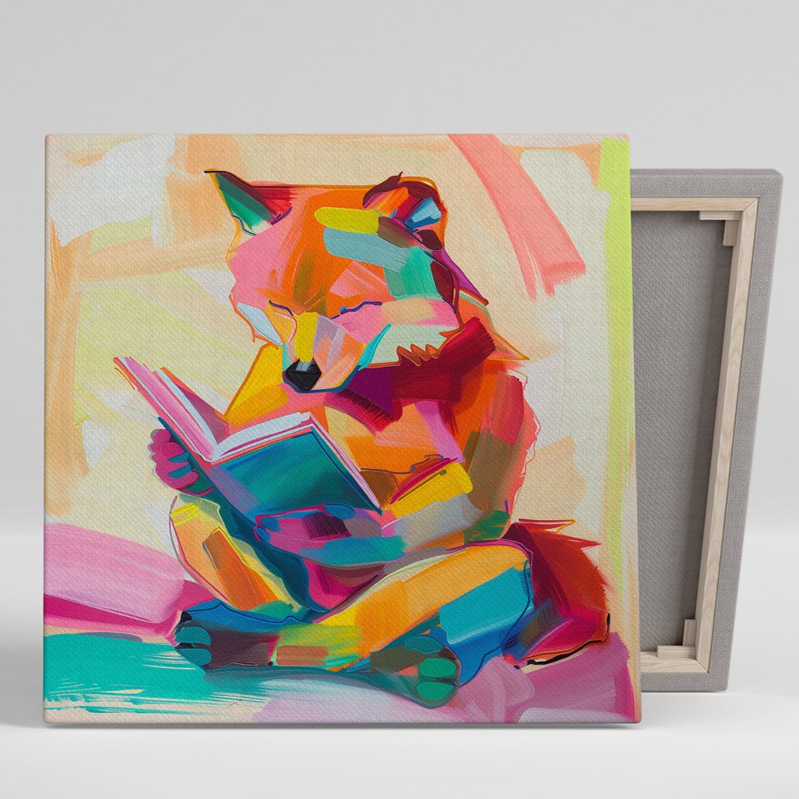 Abstract Fox Reading Book Fauvist Rainbow Brushstroke Wall Poster