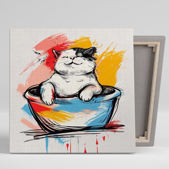 Happy Cat In Bowl Watercolor Splash Playful Kitchen Kids Room Wall Art