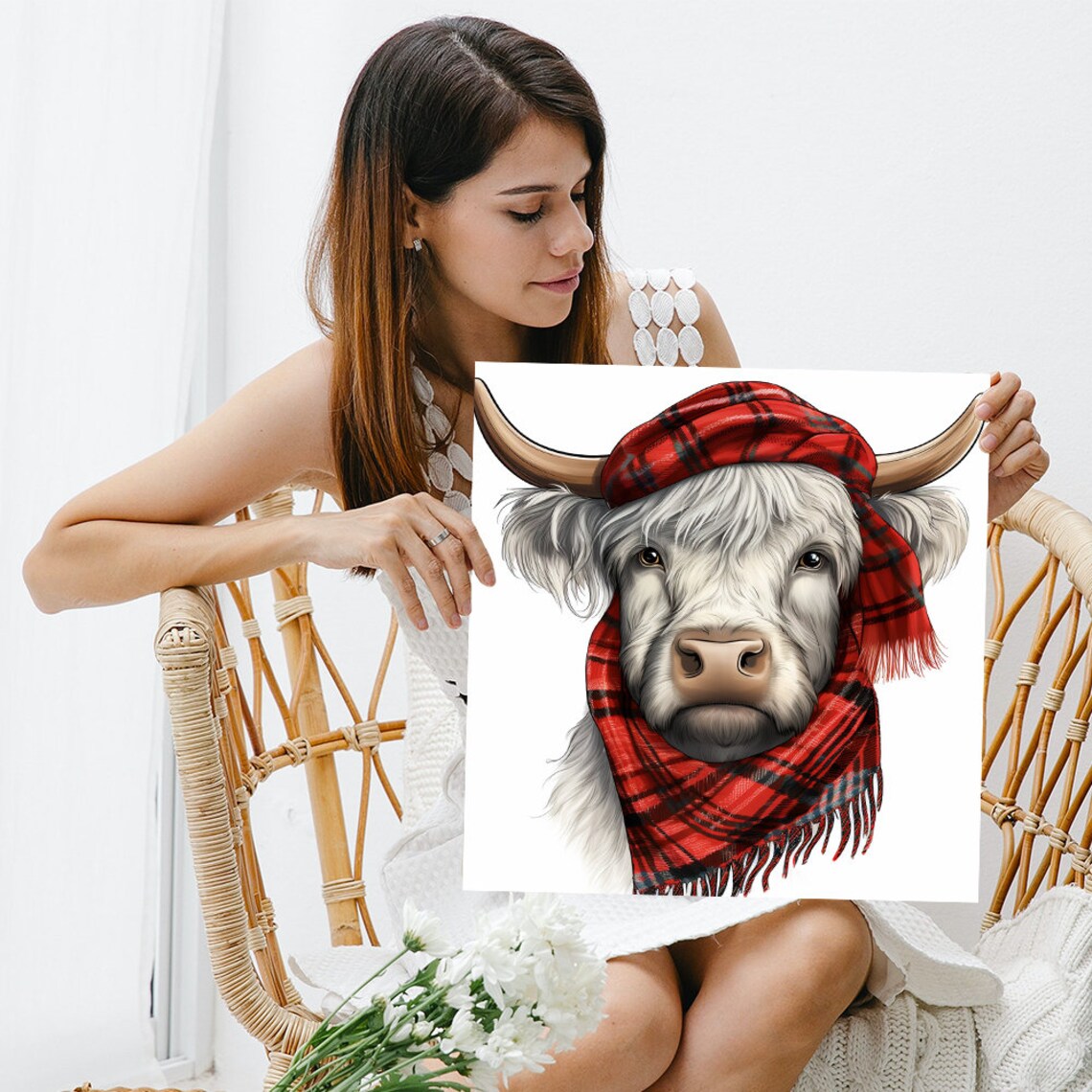 Highland Cow Red Tartan Scarf Charming Farmhouse Wall Art Poster - Image 3
