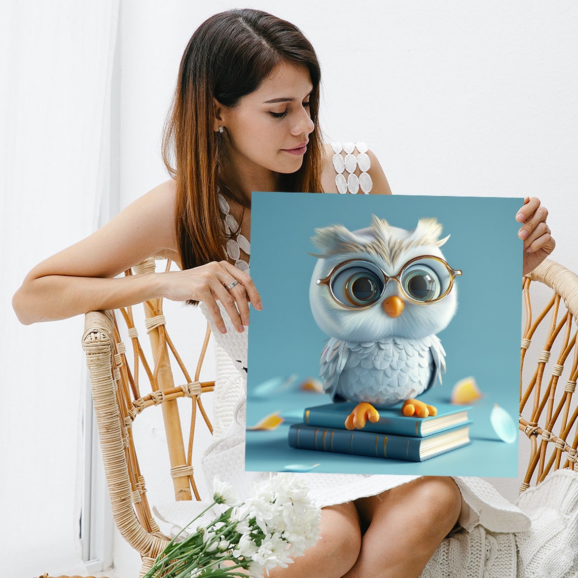 Baby Owl Round Glasses Stack Of Books Cute Library Decor Poster - Image 3
