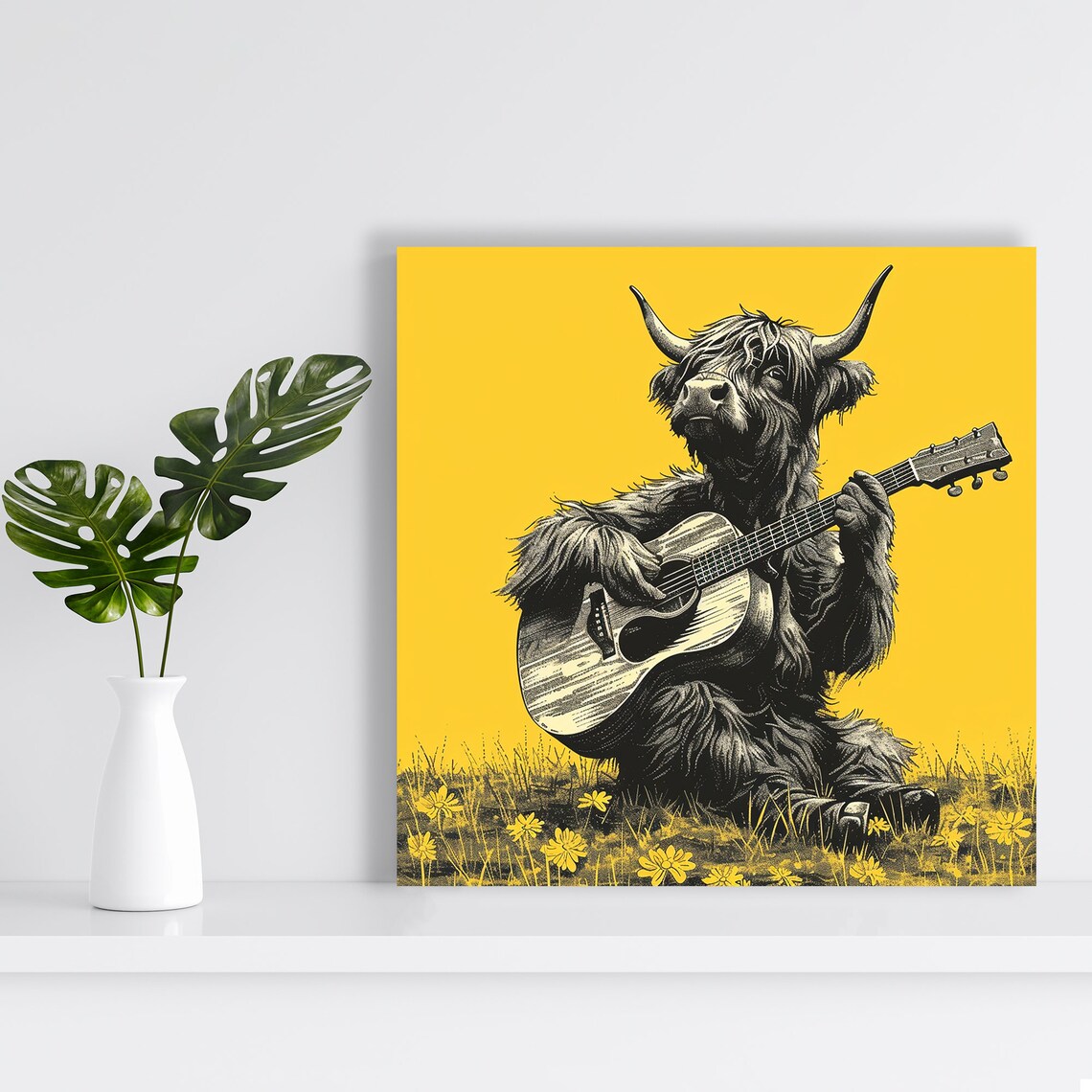 Highland Cow Serenade, Whimsical Rustic Art Print - Image 2