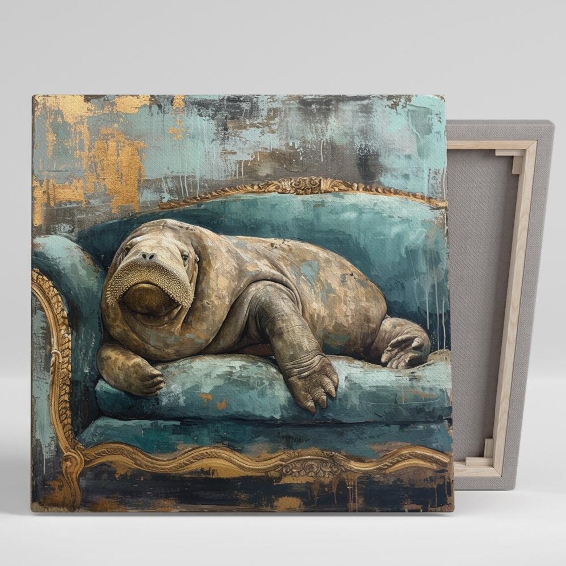 Regal Walrus Lounging On Teal Velvet Sofa Whimsical Art Poster