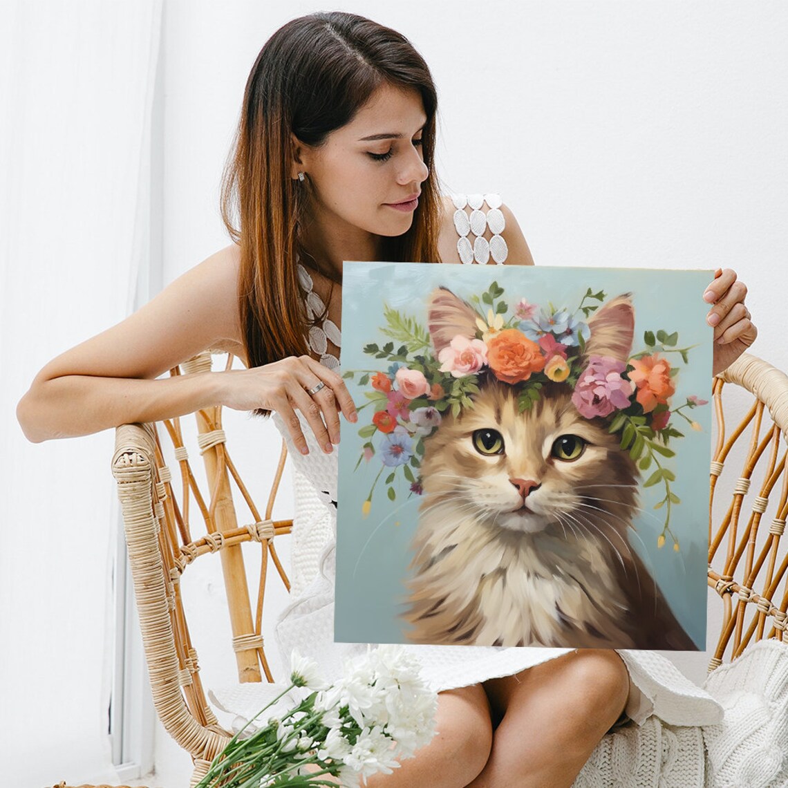 Kitten Floral Crown Soft Pastel Oil Painting Sweet Baby Cat Nursery Art - Image 3