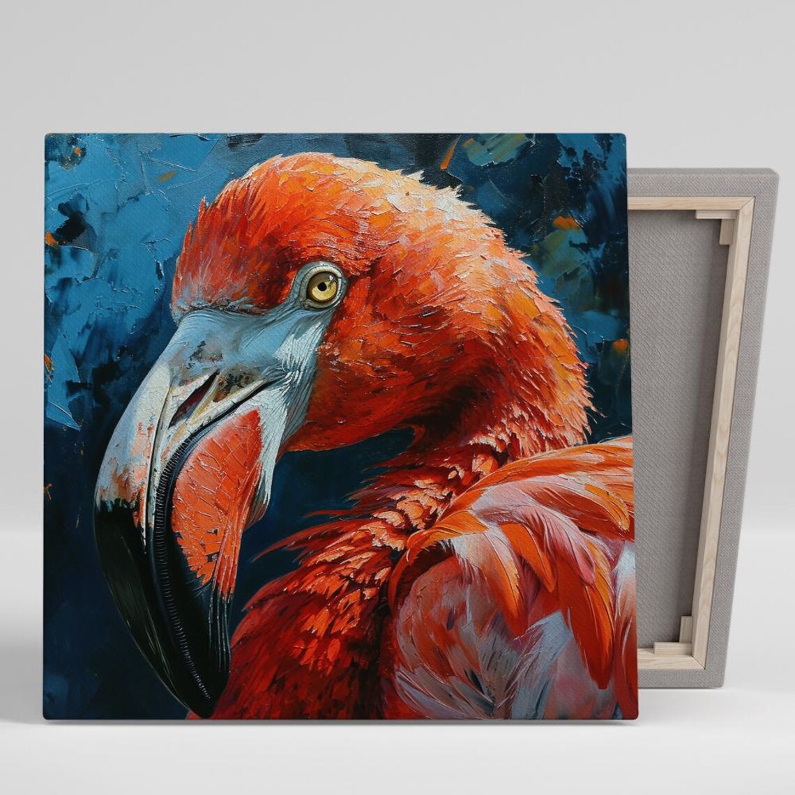 Flamingo Head Close Up Fiery Orange Feathers Blue Oil Painting Poster