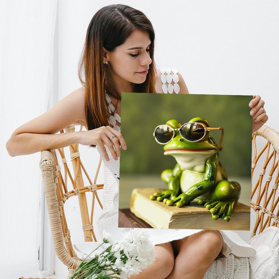Frog Scholar Sunglasses Sitting On Books Whimsical Library Animal Wall Art Print - Image 3