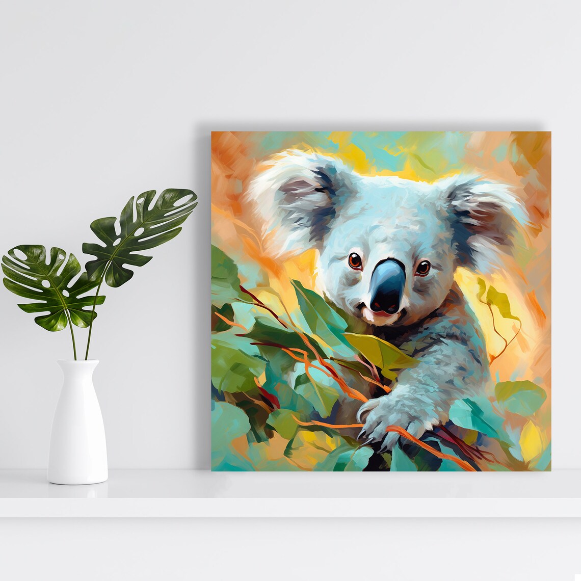 Colorful Koala Portrait Among Eucalyptus Leaves Modern Poster - Image 2