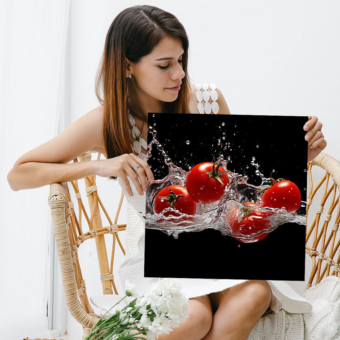 Fresh Tomatoes Water Splash Dramatic Black Kitchen Food Art Poster - Image 3