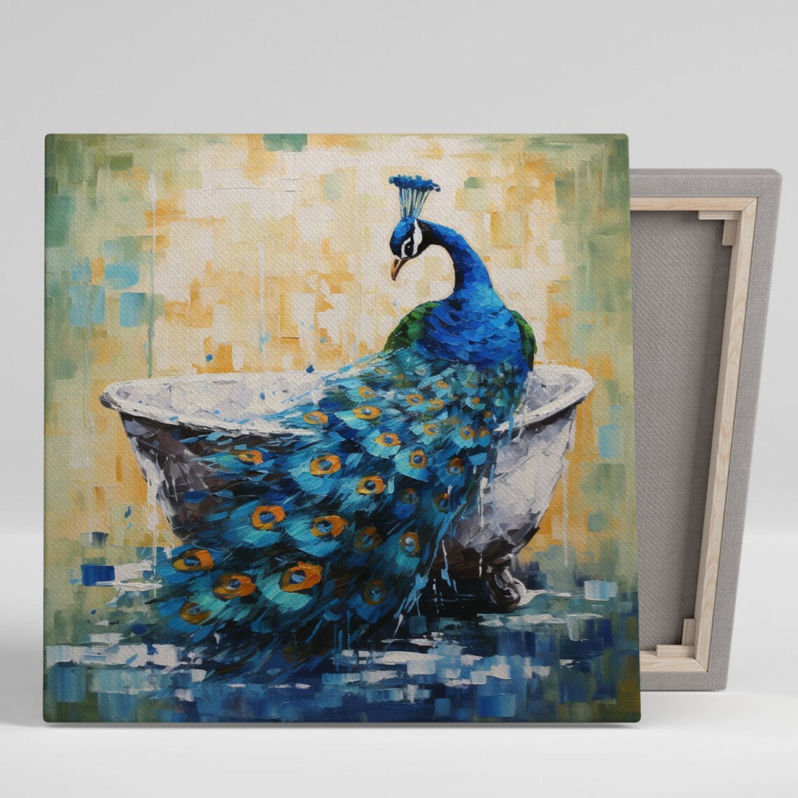Peacock In Bathtub Art Print, Animal Bathroom Decor