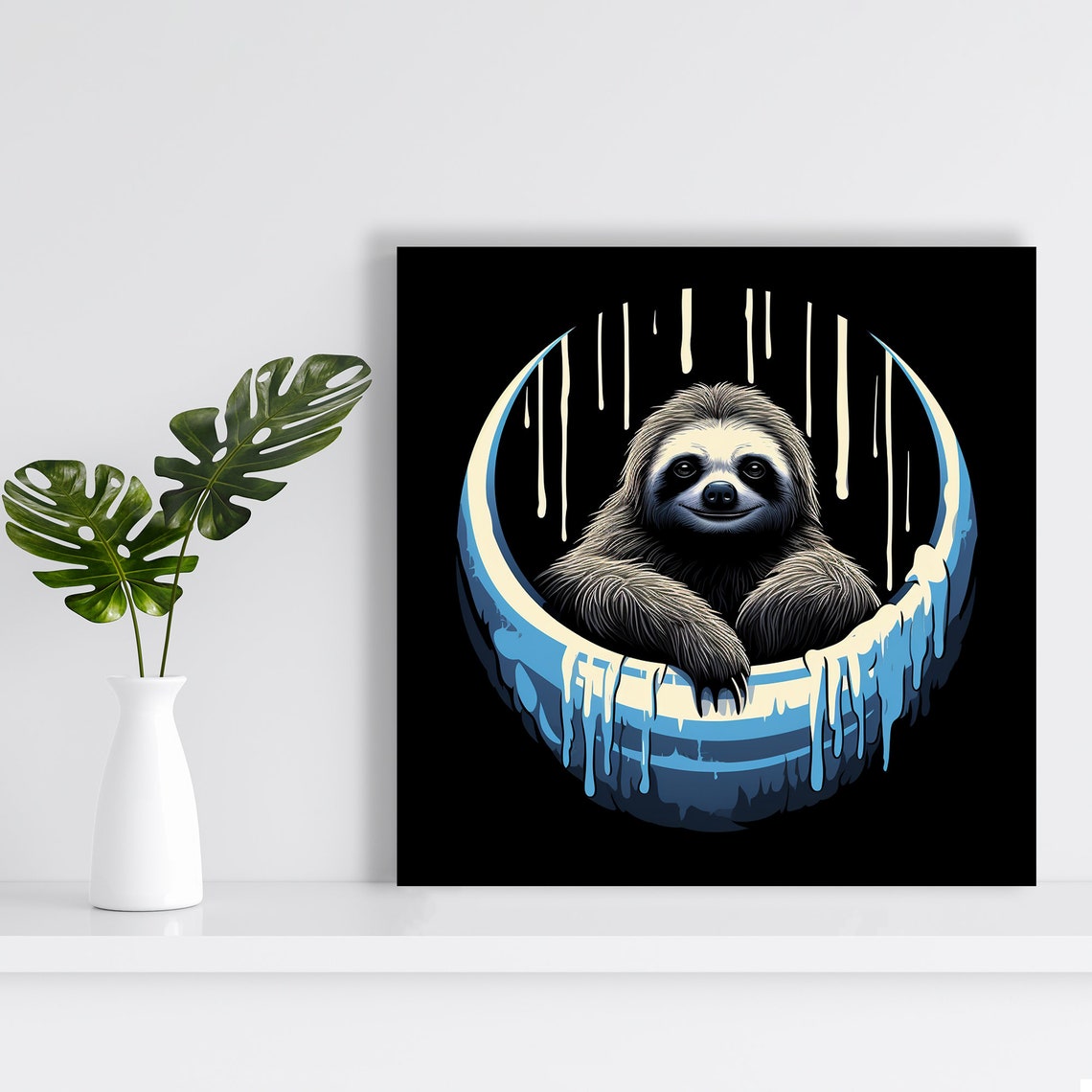 Smiling Sloth Crescent Moon Night Sky Minimalist Animal Wall Art - Image 2