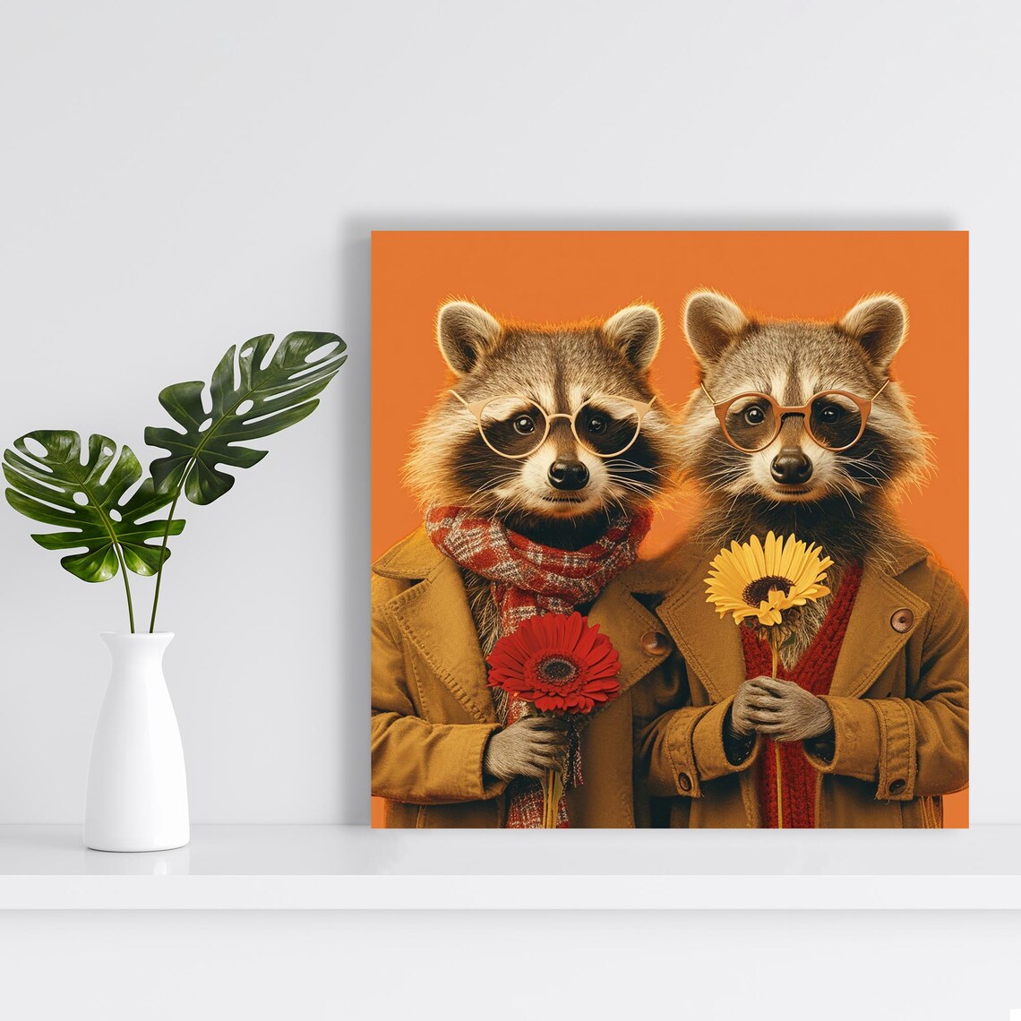 Hipster Raccoon Duo In Coats Glasses Holding Flowers Orange Poster - Image 2