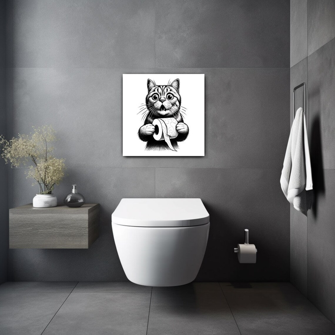 Shocked Cat Toilet Paper Funny Black White Sketch Bathroom Humor Wall Art Poster - Image 4