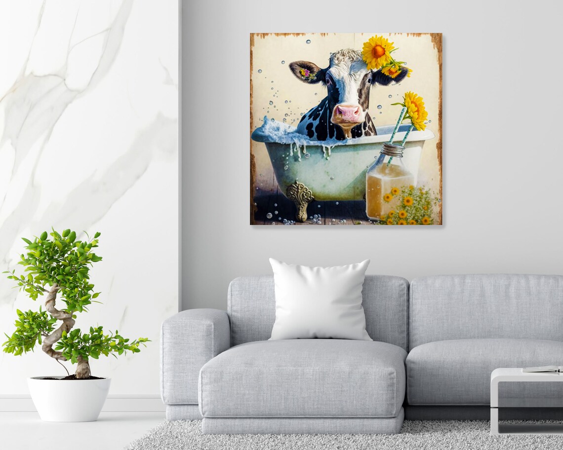 Cow in Bathtub with Sunflower Farm Art Print - Image 2