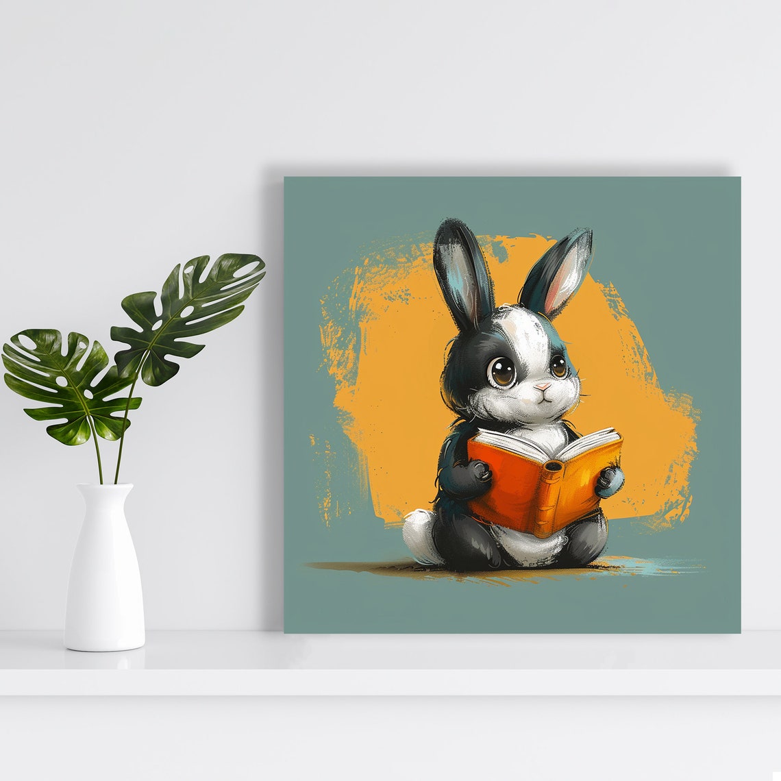 Cute Bunny Reading Orange Book Whimsical Kids Library Nursery Poster - Image 2