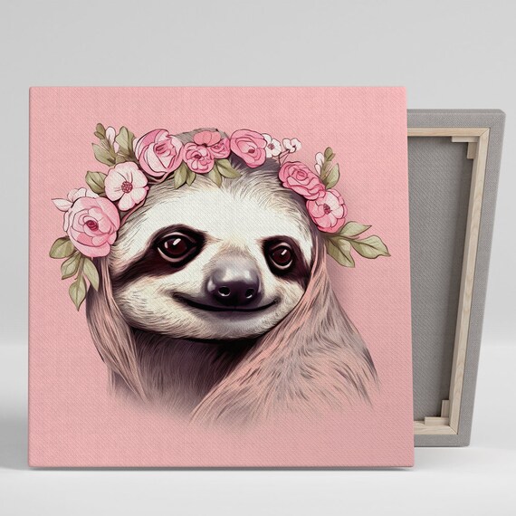 Smiling Sloth Wearing Pink Flower Crown Roses Soft Pink Background Poster
