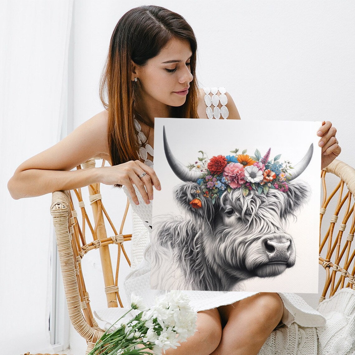 Floral Highland Cow Art Print, Bathroom Decor - Image 3