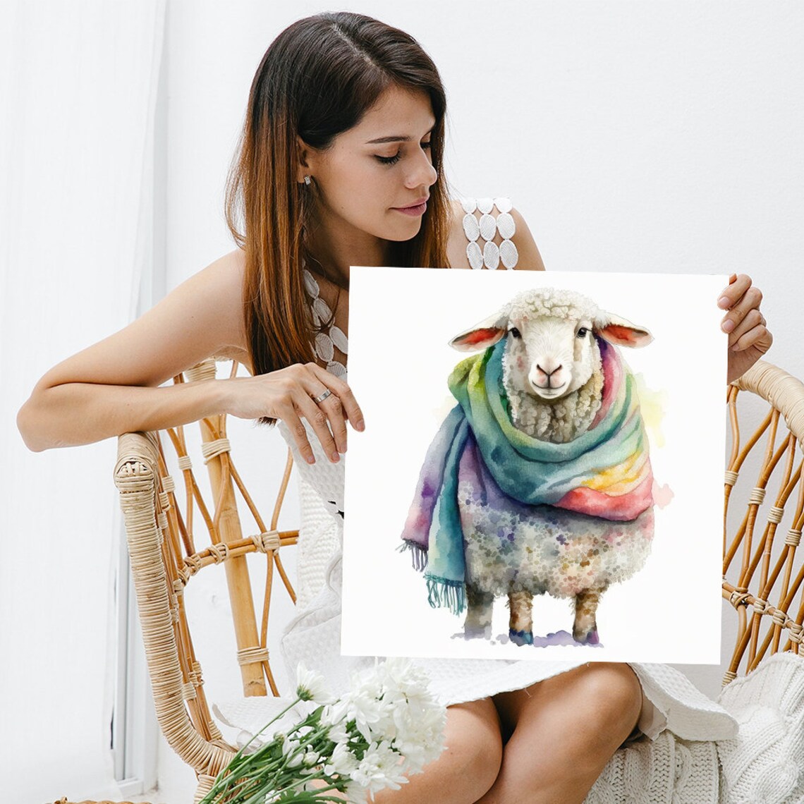 Colorful Sheep in Scarf, Whimsical Farmhouse Art Print - Image 3