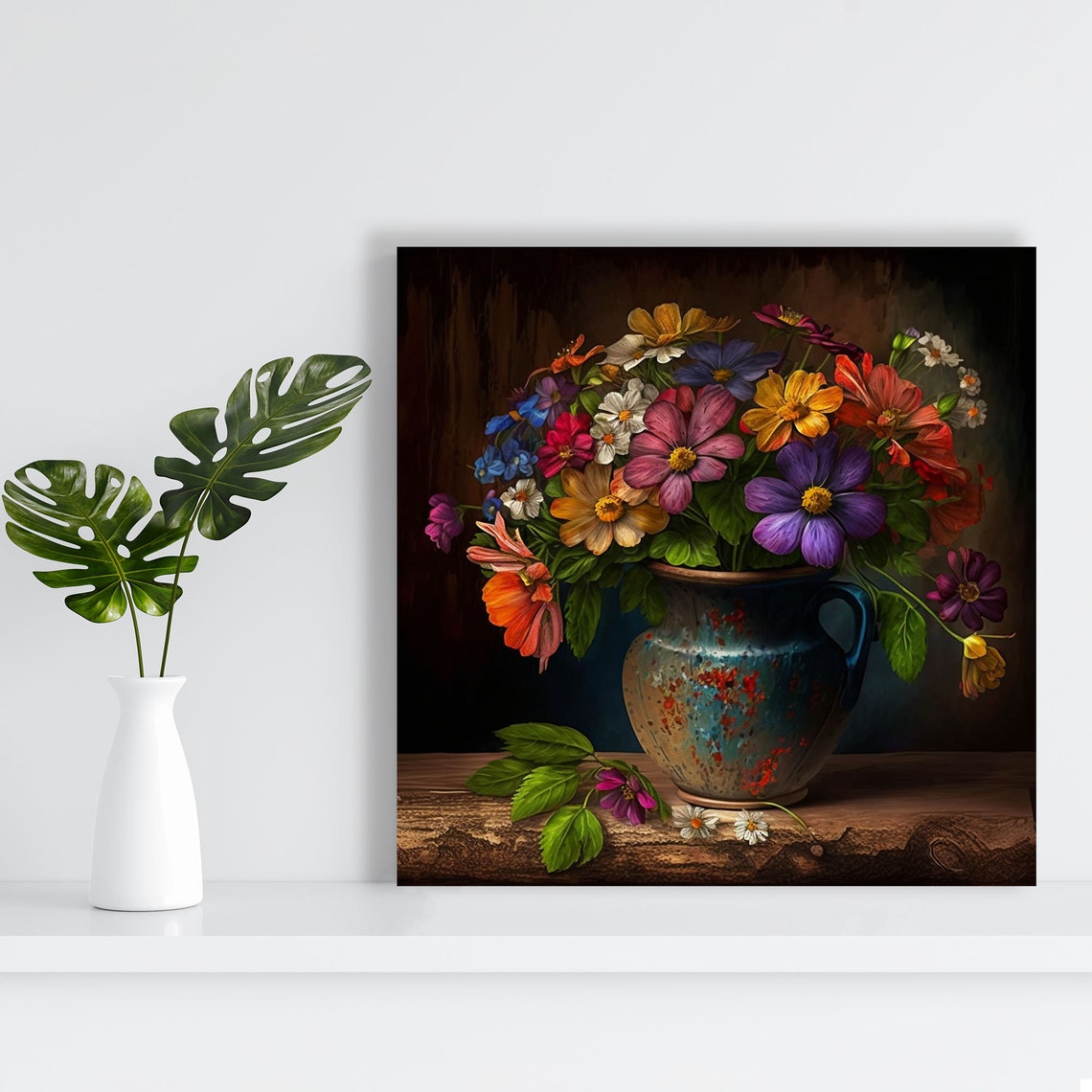 Vibrant Mixed Flower Bouquet In Blue Pitcher Classic Still Life Poster - Image 3