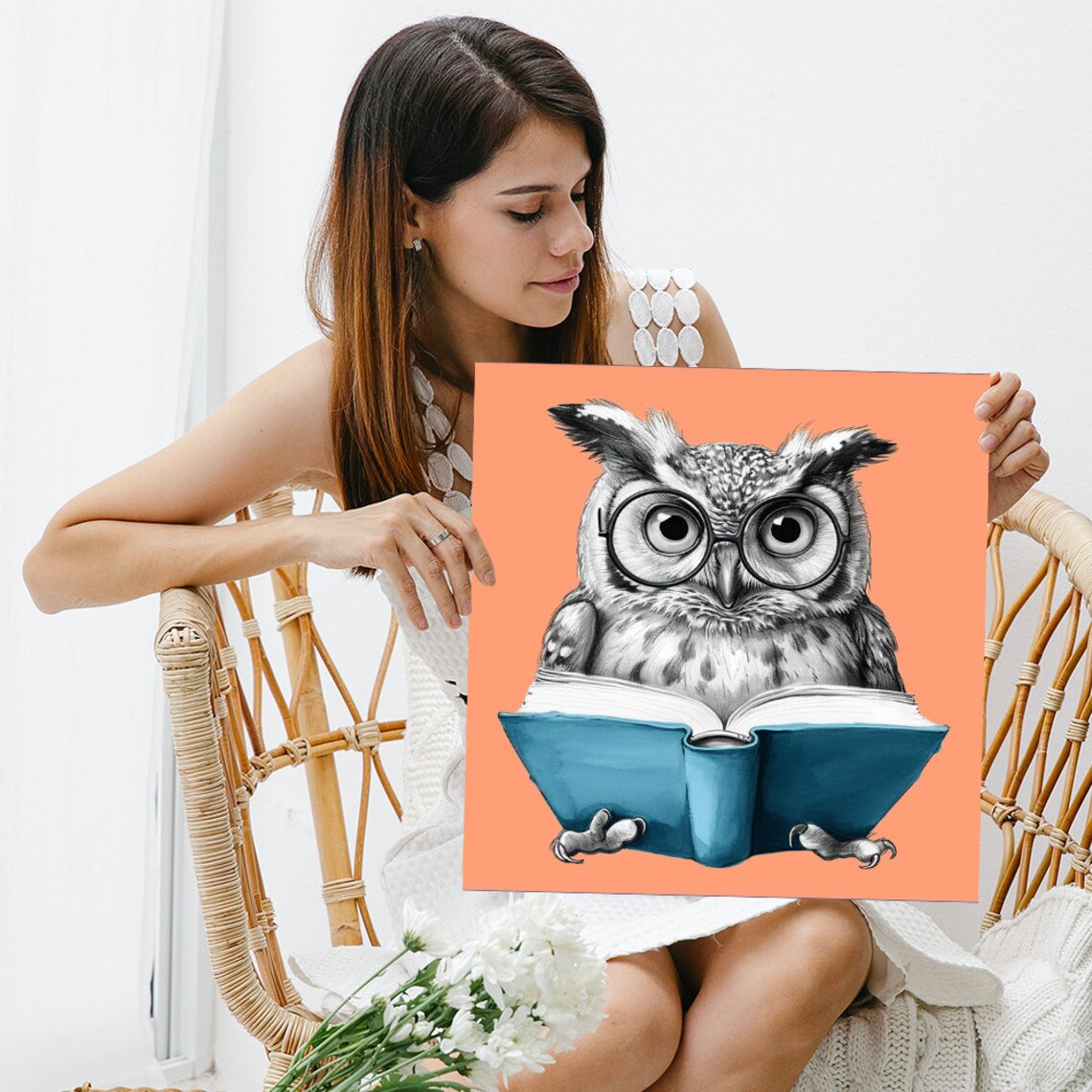 Wise Owl Wearing Glasses Reading Blue Book Cute Peach Background Kids Poster - Image 3