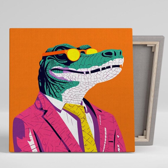 Dapper Gator Wall Art Or Poster Pop Art Modern Retro Glam Decor Office Living Room Game Room Wall Art Green Pink Yellow Orange