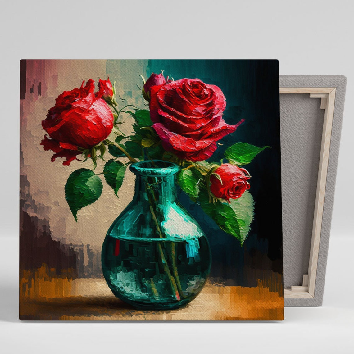 Red Roses Teal Glass Bud Vase Romantic Impressionist Flower Poster