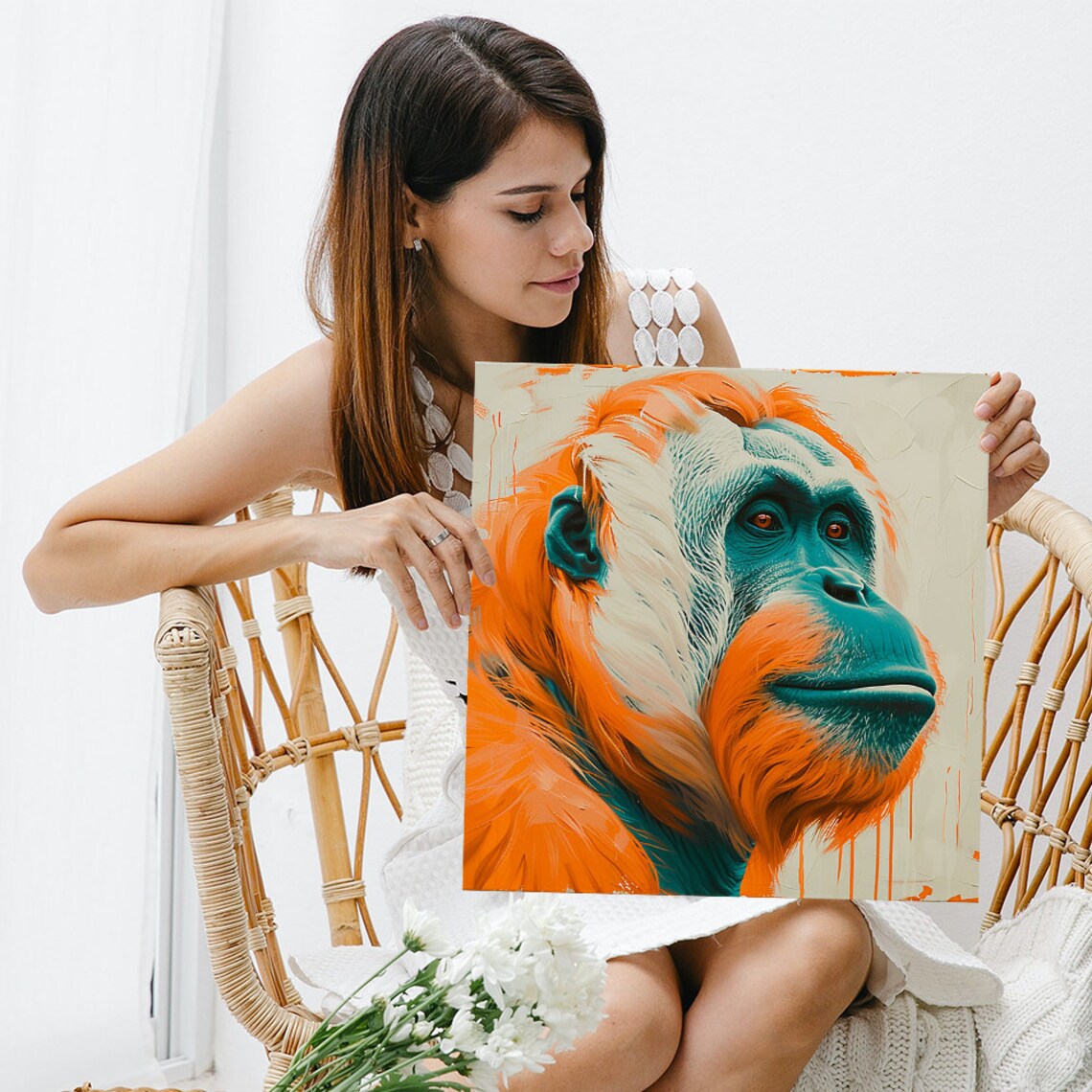 Orangutan Portrait Teal Orange Modern Primate Jungle Wall Poster - Image 3