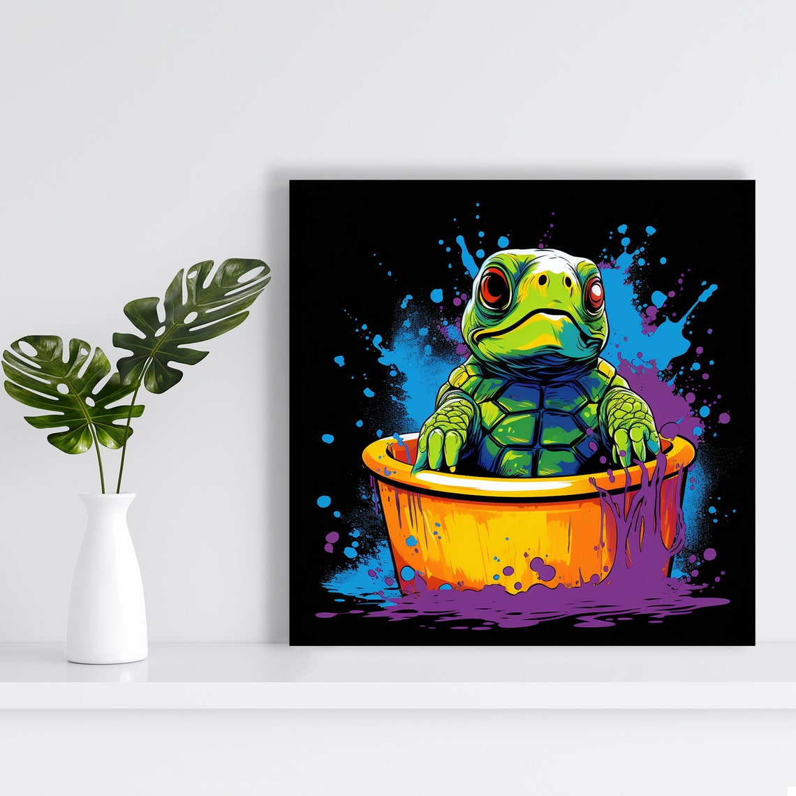 Psychedelic Turtle Orange Bucket Splash Black Wall Art Poster - Image 2