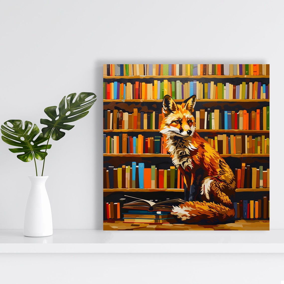 Red Fox Reading in Library Colorful Bookshelves Bookish Wall Art - Image 2