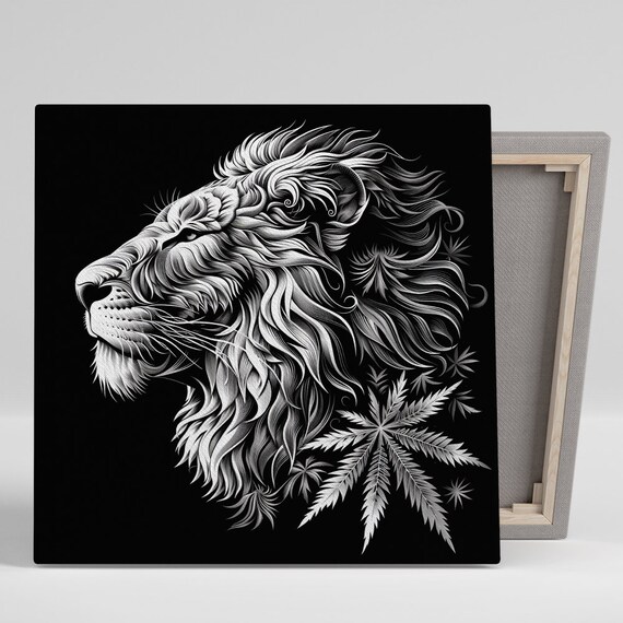 Lion Profile White Engraving Style Black Background Majestic Animal Poster