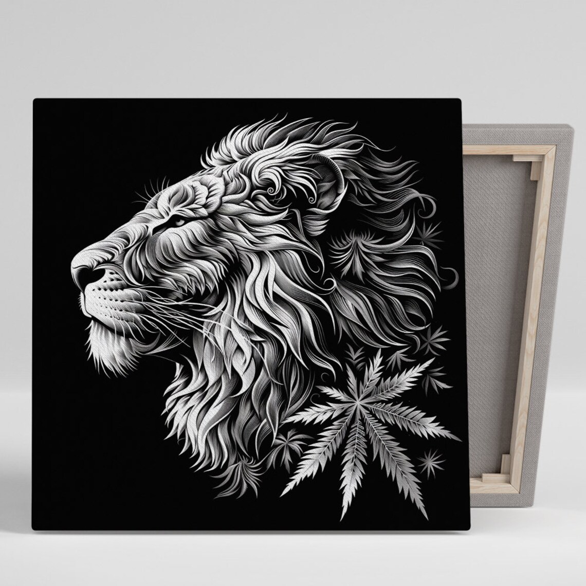 Lion Profile White Engraving Style Black Background Majestic Animal Poster