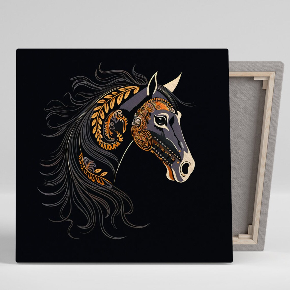 Black Horse Head Gold Ornamental Detailing Flowing Mane Elegant Poster
