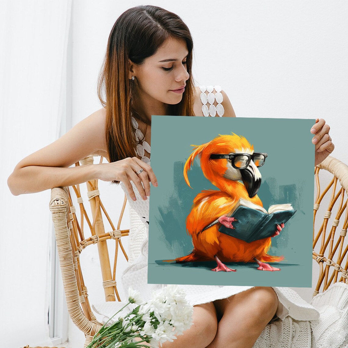 Scholarly Parrot Glasses Reading Book Orange Teal Library Wall Art Poster - Image 3