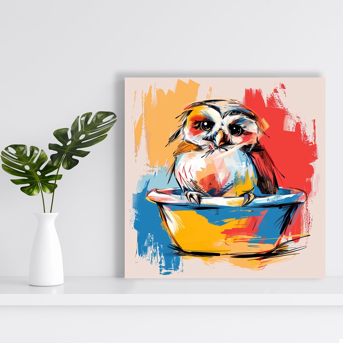 Cute Baby Owl In Bowl Colorful Watercolor Whimsical Bird Poster - Image 2