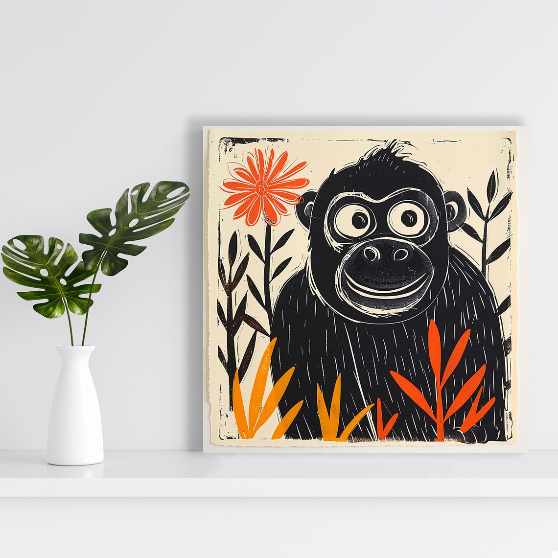 Whimsical Black Monkey With Orange Flowers Print Style Art Poster - Image 2