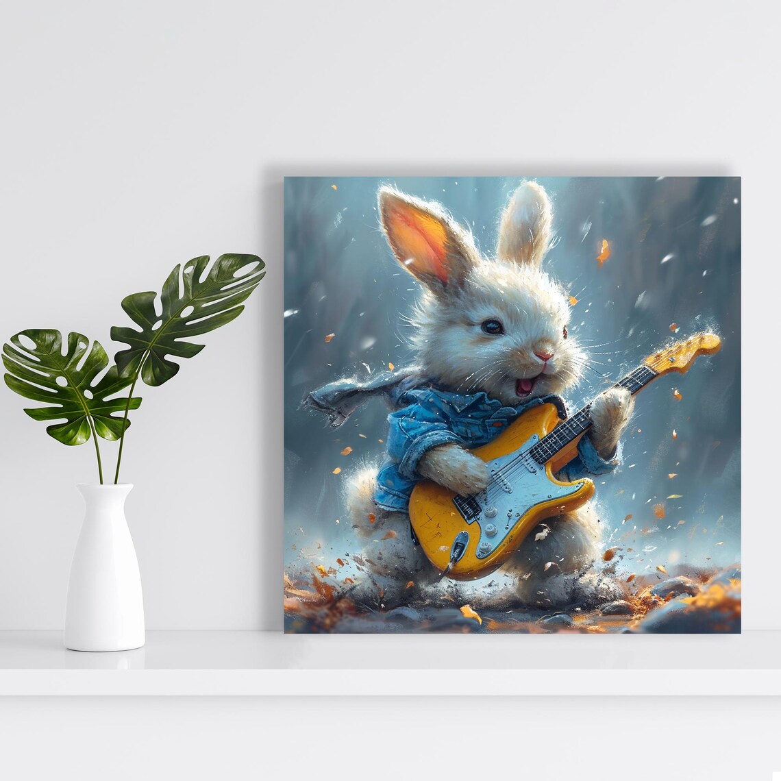Rock Star Bunny Playing Electric Guitar Denim Jacket Cute Animal Poster - Image 2