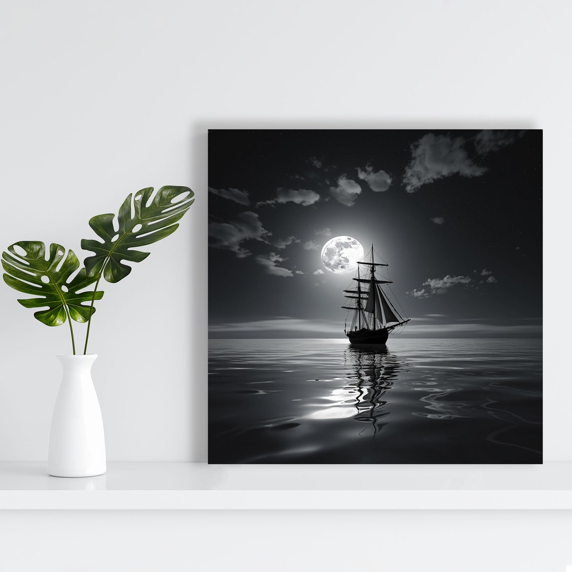 Tall Sailing Ship Under Full Moonlight On Calm Ocean Night Poster - Image 2