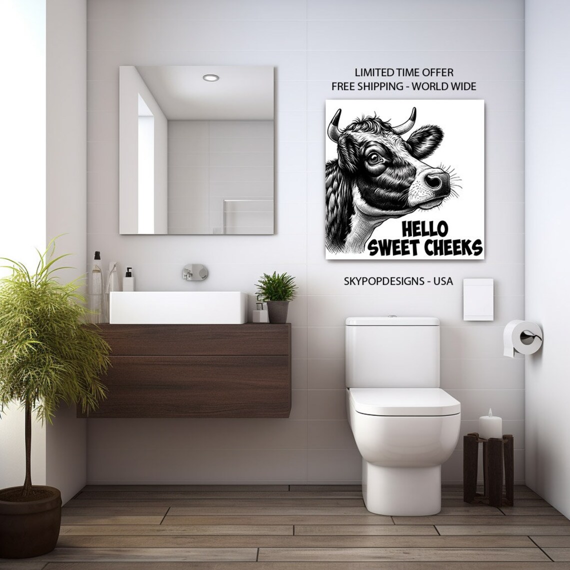 Cow Bathroom Wall Art Print, Hello Sweet Cheeks - Image 2